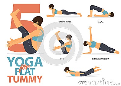 Infographic of 5 Yoga poses for flat tummy in flat design. Beauty woman is doing exercise for body stretching. Vector. Vector Illustration