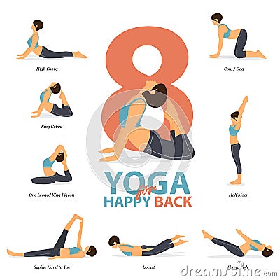 Infographic of 8 Yoga poses for happy back in flat design. Beauty woman is doing exercise for body stretching. Vector. Vector Illustration