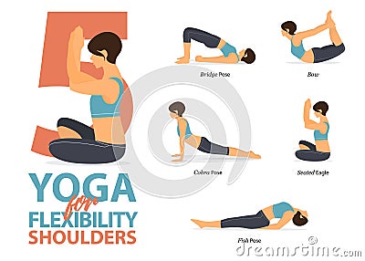 Infographic of 5 Yoga poses for shoulders flexibility in flat design. Beauty woman is doing exercise for body stretching. Vector Vector Illustration