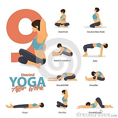 Infographic of 9 Yoga poses for after work concept in flat design. Beauty woman is doing exercise for body stretching. Vector. Vector Illustration