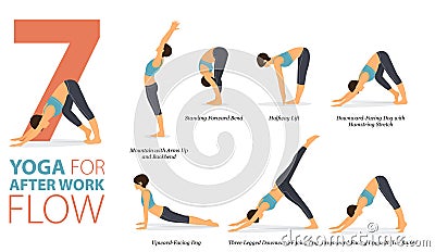 7 Yoga poses or asana posture for workout in after work flow concept. Women exercising for body stretching. Fitness infographic. Vector Illustration