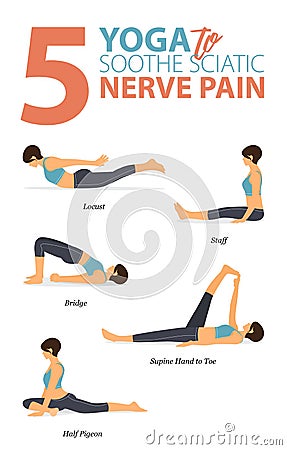 5 Yoga poses for workout in soothe sciatic pain concept. Woman exercising for body stretching. Yoga posture or asana for fitness. Vector Illustration