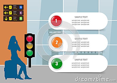 Infographics of air travel concept showing airport, silhouette of waiting woman, traffic lights and blank labels Vector Illustration
