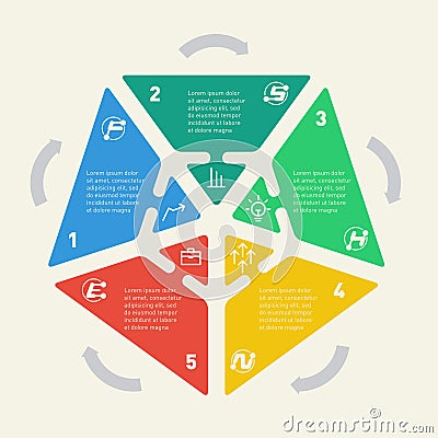 Infographics of Business concept with 5 options, steps or processes. Five parts structure. Circle arrows info graphics with icon Vector Illustration