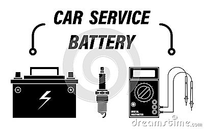 Infographics, car repair service. Digital multimeter, tester. Car battery charge measurement. Automotive spark plug. Set of vector Vector Illustration