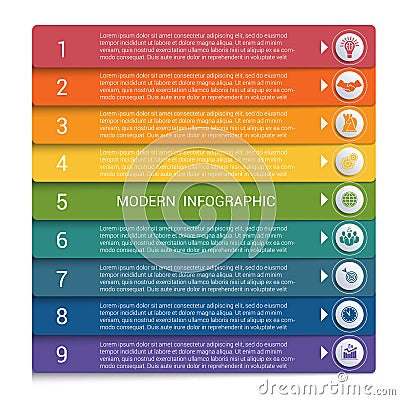 Infographics from color strips. Modern infographics 9 options for banner, business processes, workflow, diagram, flowcharts Vector Illustration