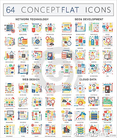 Infographics concept icons of network technology, seo development, web design, cloud data. Premium quality vector flat Vector Illustration