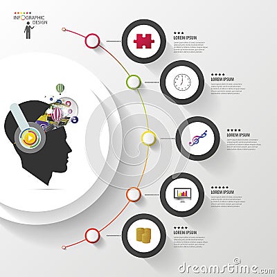 Infographics. Creative mind with headphones. Modern colorful circle with icons. Vector illustration Vector Illustration