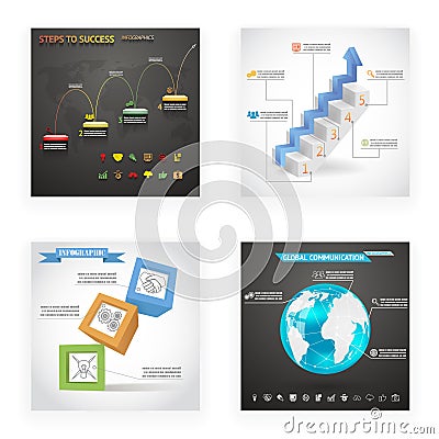 Infographics Cubes Ladder Steps Globe Flyer Set Vintage Retro Style Design Template on Stylish Abstract Background Vector Illustration