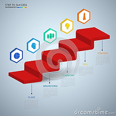 Infographics 3D Stair step to success concept. Business timeline modern colorful infographics template with icons and elements. Vector Illustration