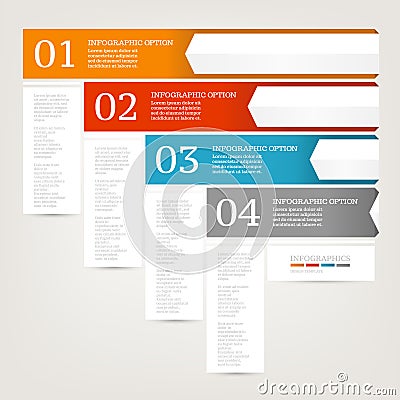 Infographics design template. Business concept with four options. Red, Blue, Orange, Grey colors. Cartoon Illustration