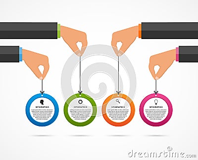 Infographics design template. Human hands holding the circle banners. Vector Illustration
