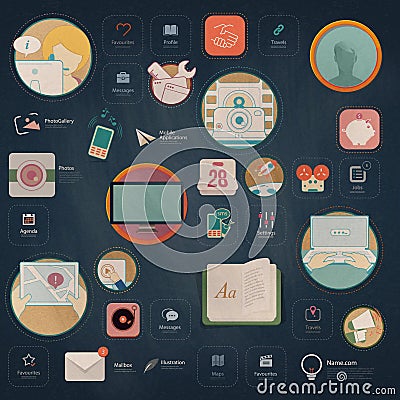 Infographics elements: Collection of colorful flat kit UI navigation elements with icons for personal portfolio website and mobile Vector Illustration