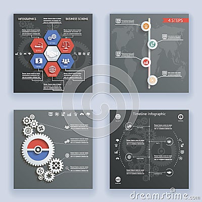 Infographics Elements Symbols and Icons World Map Timeline Vintage Retro Style Design Template on Stylish Abstract Gears Vector Illustration