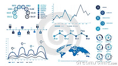 Infographics graph charts. Histogram data graphs, bubbles graphic timeline chart and diagram vector illustration set Vector Illustration