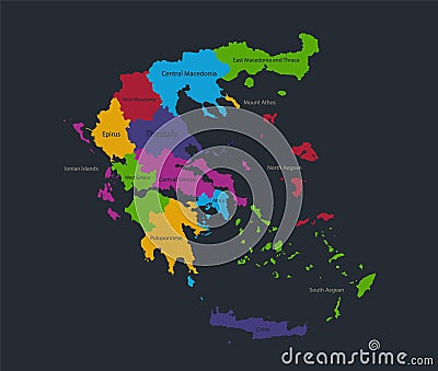 Infographics Greece map, flat design colors, with names of individual divisions Vector Illustration