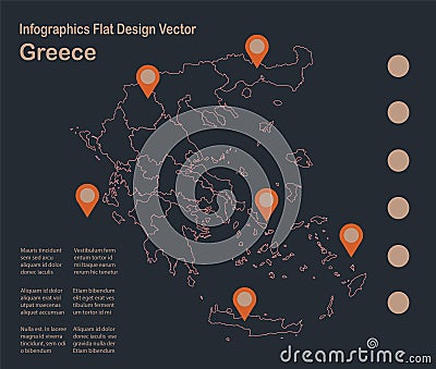 Infographics Greece map outline, flat design, color blue orange Vector Illustration