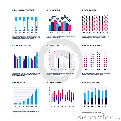 Infographics. Marketing graphs financial histogram, bar chart. Statistic charts and stock infocharts. Infographic vector Vector Illustration