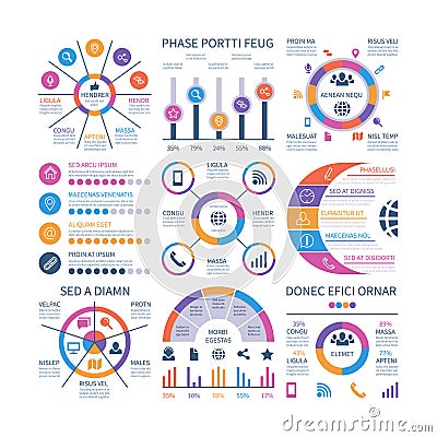 Infographics. Marketing graphs financial workflow diagram, bar chart. Statistic charts and number infocharts Vector Illustration