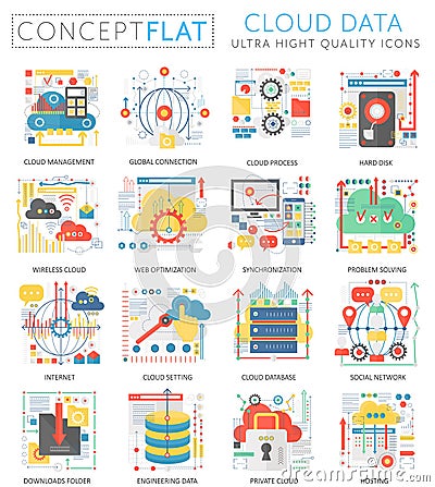 Infographics mini concept Cloud data icons for web. Premium quality color conceptual flat design web graphics icons Vector Illustration