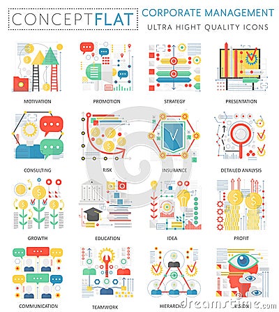 Infographics mini concept corporate managment icons for web. Premium quality color conceptual flat design web graphics Vector Illustration