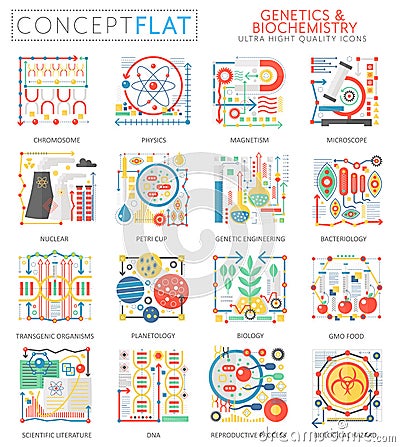 Infographics mini concept Genetics biochemistry icons for web. Premium quality color conceptual flat design web graphics Vector Illustration