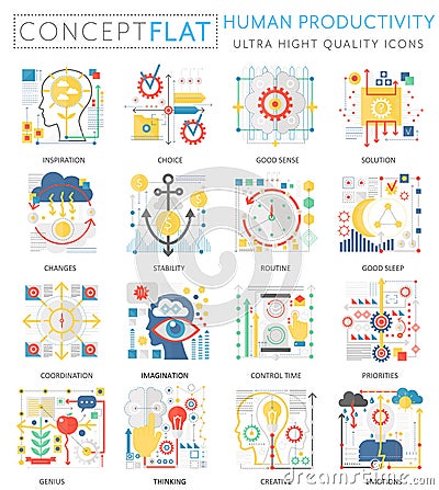 Infographics mini concept Human productivity icons for web. Premium quality color conceptual flat design web graphics Vector Illustration