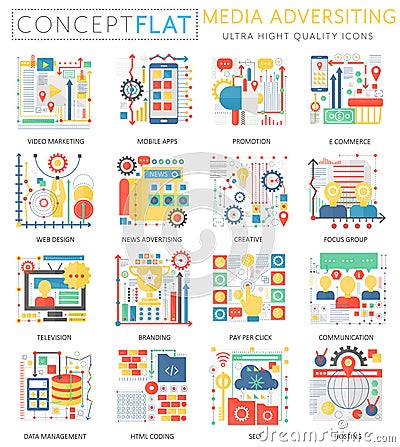 Infographics mini concept Media advertising icons and digital marketing for web. Premium quality color conceptual flat Vector Illustration