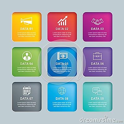 Infographics rectangle paper index with 9 data template. Vector illustration abstract background. Can be used for workflow layout Vector Illustration