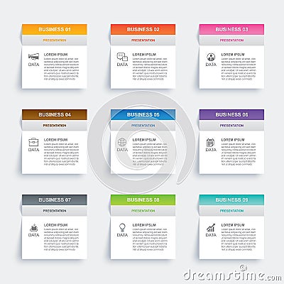 Infographics rectangle paper index with 9 data template. Vector illustration abstract background. Can be used for workflow layout Vector Illustration