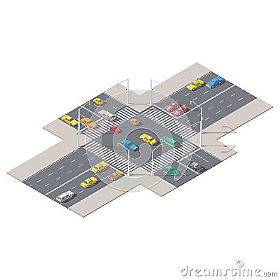 Infographics represented a crossroads controlled by traffic lights isometric icon set Vector Illustration