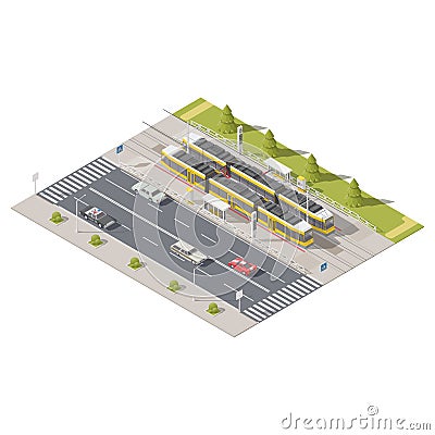 Infographics representing the tram station side of the road isometric icon set Vector Illustration