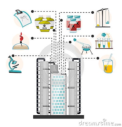 Infographics research building laboratories and the medical, biological centers. Vector Cartoon Illustration