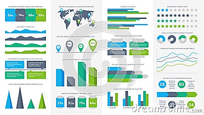 Infographics set. Charts, diagrams and graphs. Flowchart, data bars and timeline for report presentation vector Vector Illustration