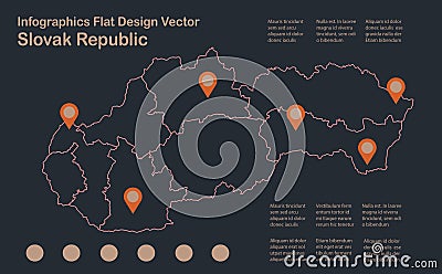 Infographics Slovakia, Slovak Republic map outline, flat design, color blue orange Vector Illustration