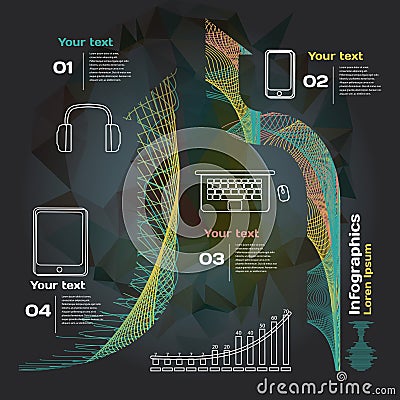 Infographics with sound waves and devices on a dark background Vector Illustration