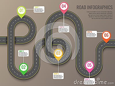 Infographics template with road map using pointers. Top view vector elements. Road trip. Business and journey Vector Illustration