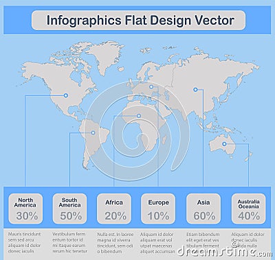 Infographics World maps of continents on background with blue grey icons Vector Illustration