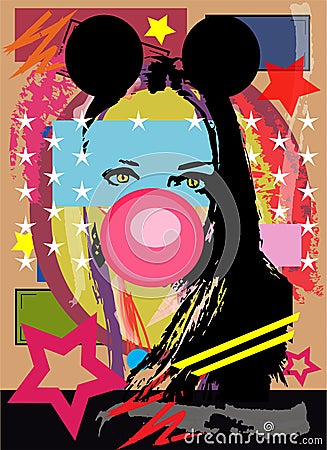 Sexy girl with mouse ears and chewing gum, pop art background v Vector Illustration