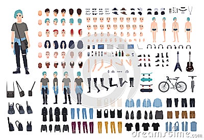 Informal teenager character constructor. Punk creation set. Different postures, hairstyle, face, legs, hands, clothes Vector Illustration