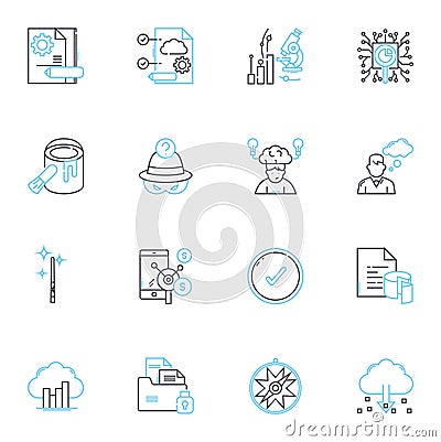 Information Analysis linear icons set. Scrutiny, Dissection, Examination, Interrogation, Synthesis, Interpretation Vector Illustration