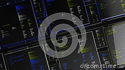 Information base of future. Animation. Span between virtual cells with numeric information. Multiple tiers of 3d tables Stock Photo