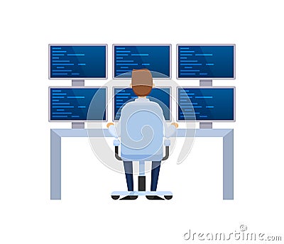 Information base, server installation, employee working for computers and monitors. Vector Illustration