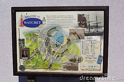 Watchet, UK: information billboard of the harbour town in Somerset Editorial Stock Photo