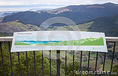 Information board mapping the area from the viewing platfrom at Hawkes Lookout Editorial Stock Photo