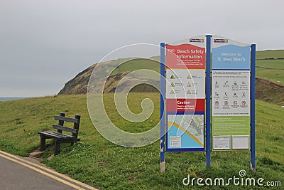 Information boards on the beach of St Bees, by the Irish sea. England. Editorial Stock Photo