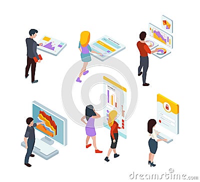 Information boards. People standing near advertizing tablo monitor screens event services info garish vector isometric Vector Illustration