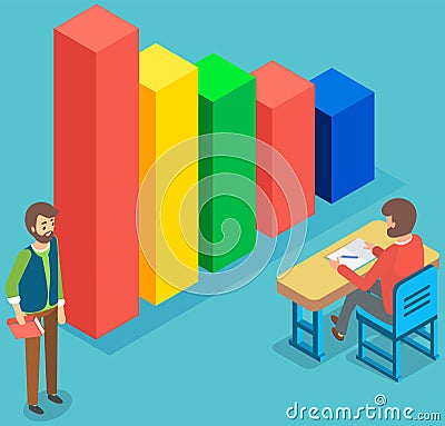 Information business statistics digital indicator element, infographics. Men standing near diagram Vector Illustration