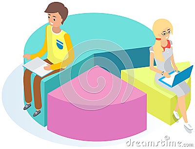 Information business statistics digital indicator element. People communicating sitting on diagram Vector Illustration