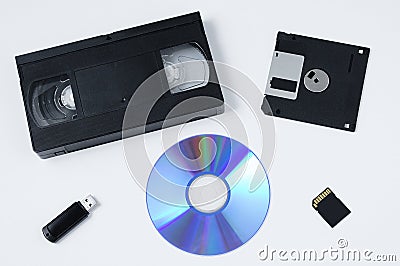Information carriers. Flash drive, microchip, compact disk, floppy disks Stock Photo